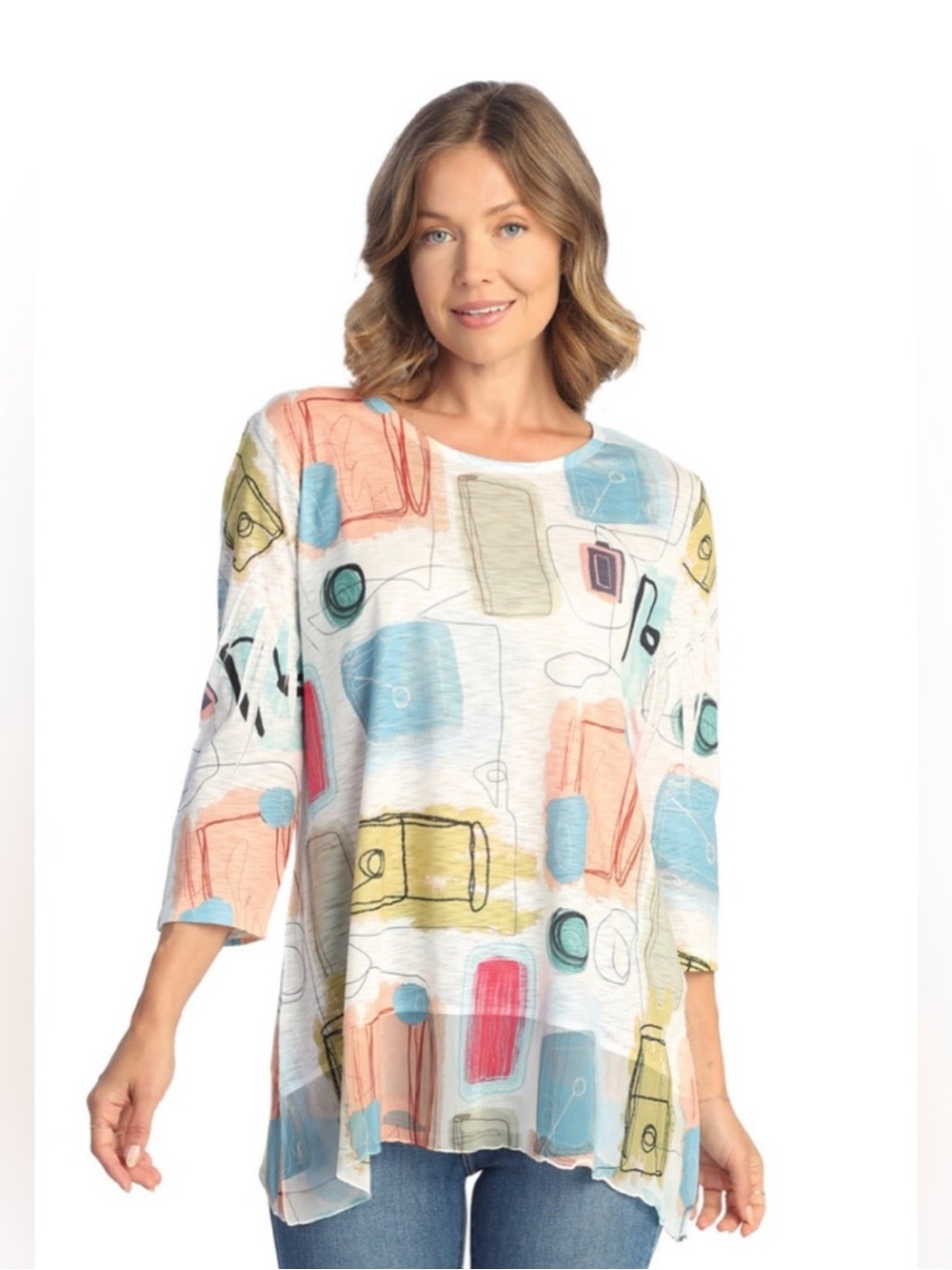JESS & JANE Abstract Print Lightweight Tunic Top in Pastel Multi